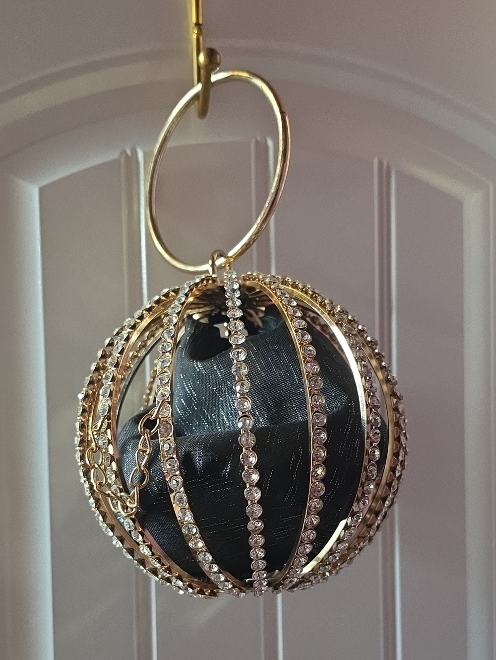 Gold Rhinestone Orb Clutch with Black Fabric Insert